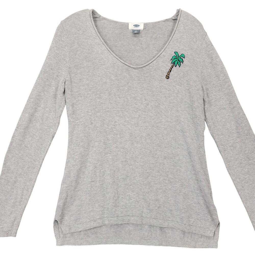 Old Navy Gray Sweater Preppy Palm Classic Long Sleeves V-Neck Knit Womens Size M